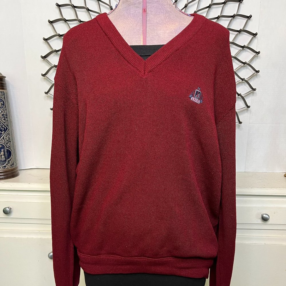 Vtg Izod Prep Shield Logo V-Neck Long-sleeve Sweater Burgundy Wine Mens Lrg USA